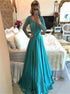A Line V Neck Long Sleeves Beading Satin Prom Dress with Belt LBQ3796